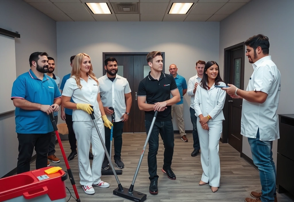 Diverse cleaning professionals in training session