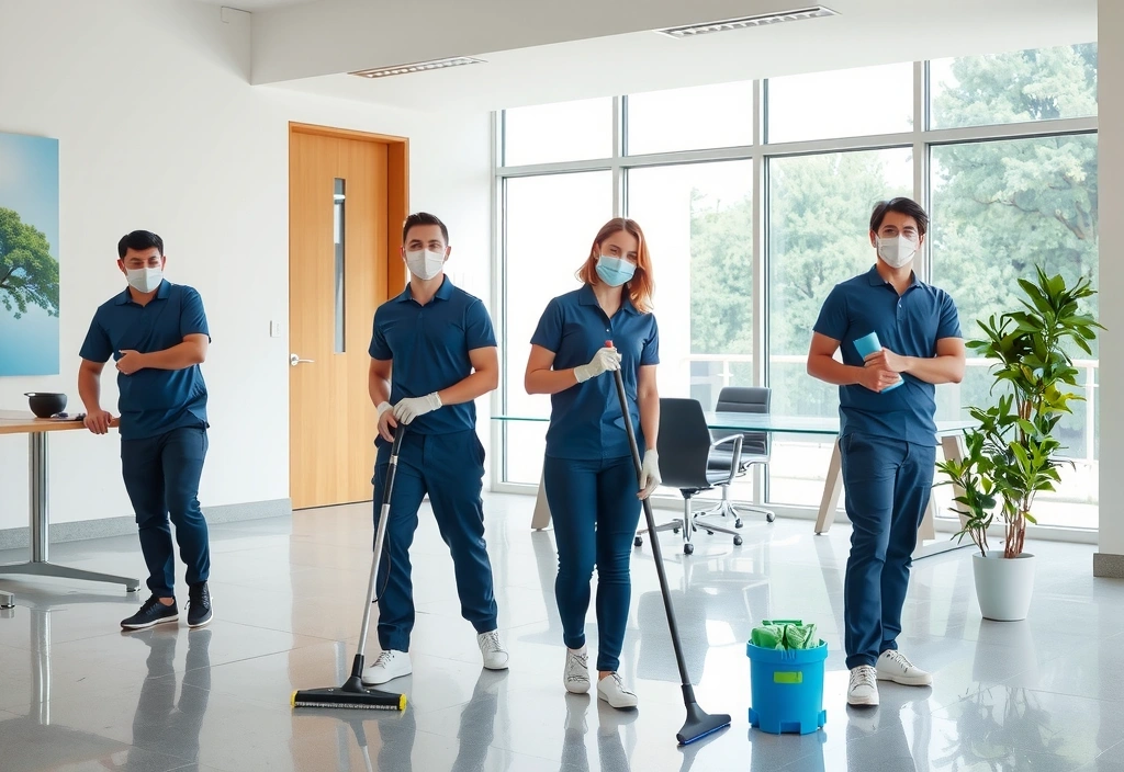 Professional cleaning team working in modern office space