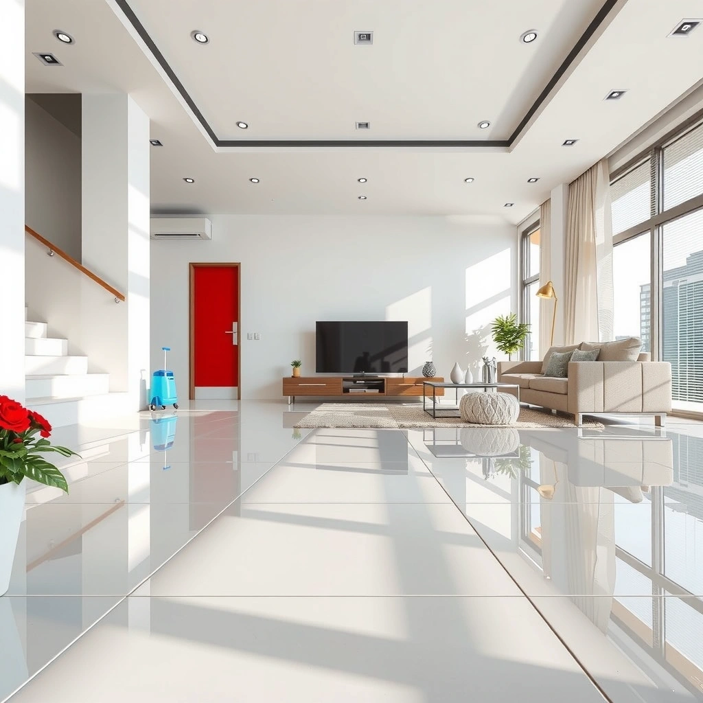 Sparkling clean modern interior with professional cleaning equipment